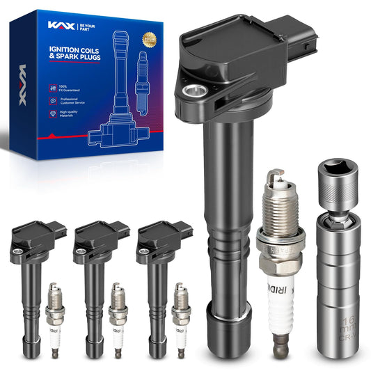 KAX Set of 4 Ignition Coil Pack & Iridium Spark Plugs w/Magnetic Socket for Honda CR-V 2002-2009, Accord 2003-2007 2.4L, Element